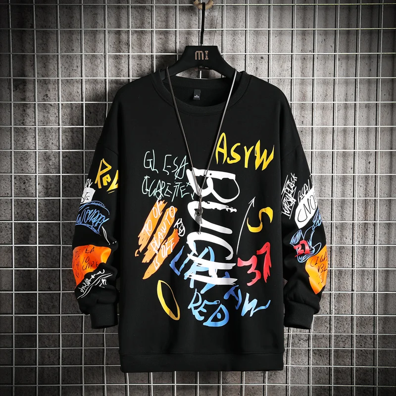 FAVRE Mens Graffiti Sweatshirts Roundneck Letter Print Hoodies Japanese-style Harajuku Streetwear Hip Hop Casual Loose Pullovers