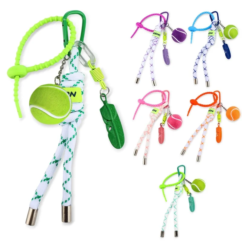 6 Colour Tennis Ball Keychain Cute Tennis Racket Key Rings with Striped Lanyard 7.1in Bag Charm Gift Sports Lover Players Team