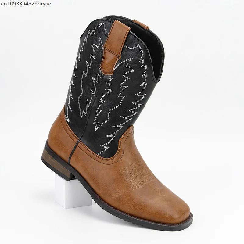 Slip-On Western Cowboy Square Toe Męskie buty Casualowe buty motocyklowe na niskim obcasie z haftem Botas do połowy łydki z blokami kolorów