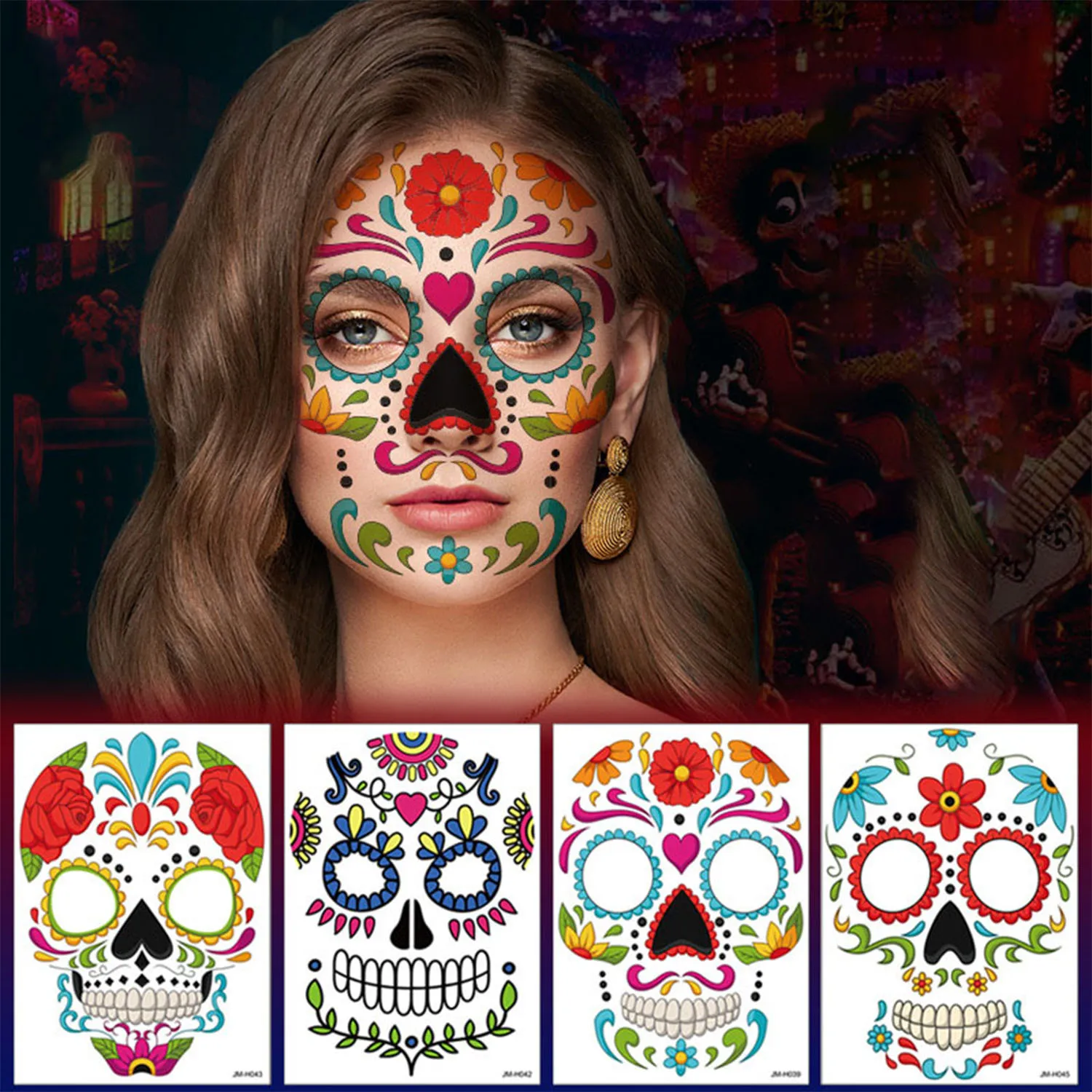 

5 Sheets Halloween Temporary Face Tattoos, Day of the Dead Sugar Skull Floral Black Skeleton Web Full Face Mask Stickers Tattoo