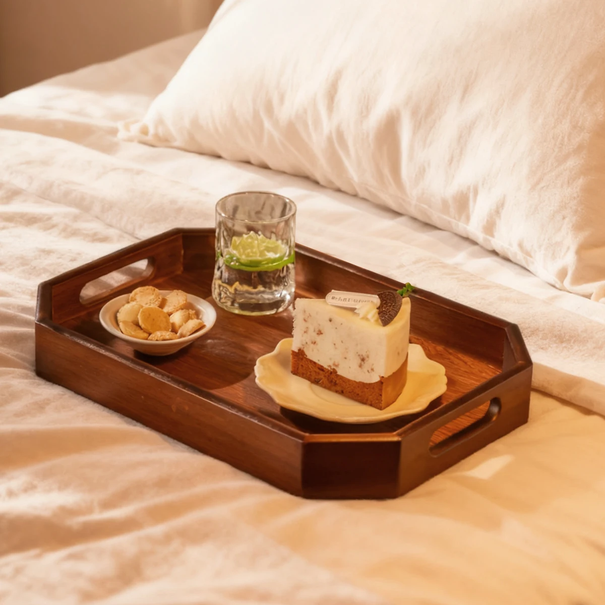 1개 솔리드 우드 수납 트레이, 속이 빈 손잡이 포함, 거실, 침실, 소파 및 야외 활동용.