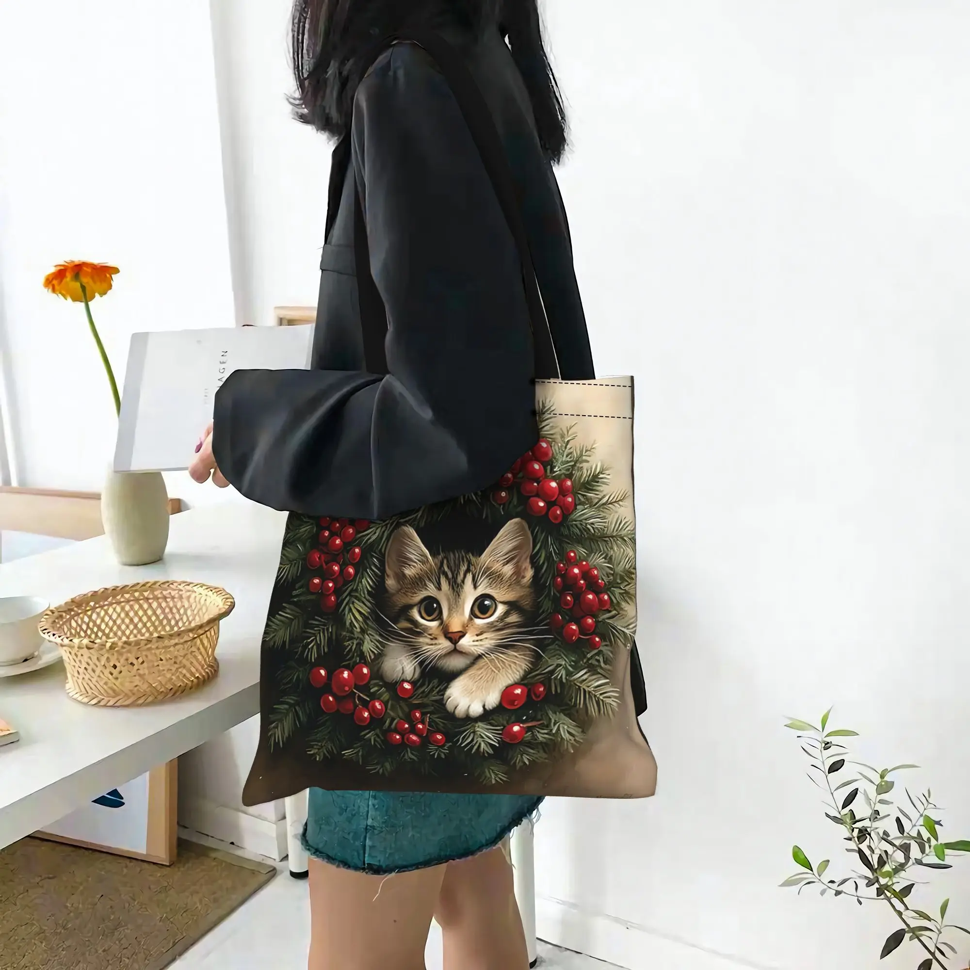 Customized Christmas Wreath Cat Print Women's Bag Shopping Bag Reusable Double Sided Canvas Tote Bag Shoulder  Handbag