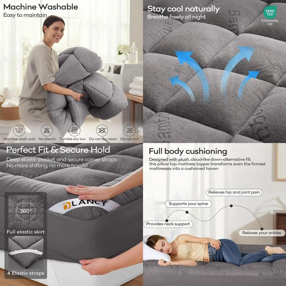 

Bamboo Viscose Cooling Pillow Top Mattress Pad for Back Support, Plush Fill, Elastic Pocket, Light Gray