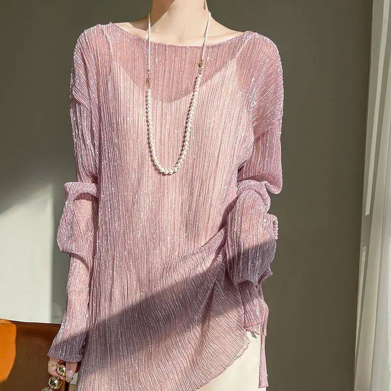 Retro Bright Silk Mesh Blouse Women's Loose Casual Slightly Transparent Long-sleeved Sunscreen Clothes with Lace Top