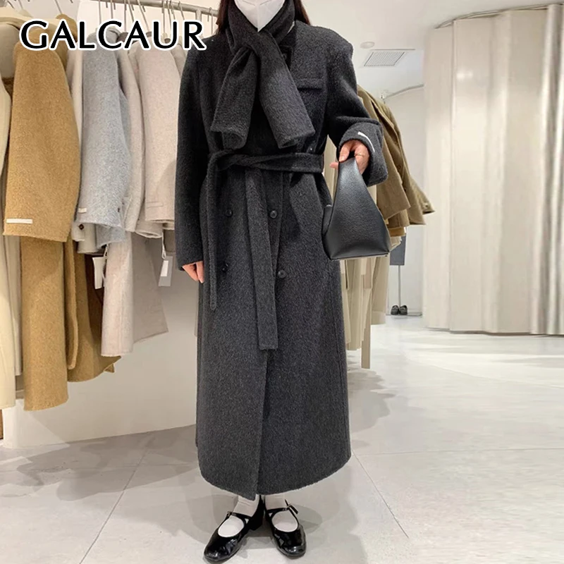 

GALCAUR Scarf Collar Design Women's Woolen Coats Long Sleeve Patchwork Lace Up Solid Korean Style Autumn Jackets Female Fashion