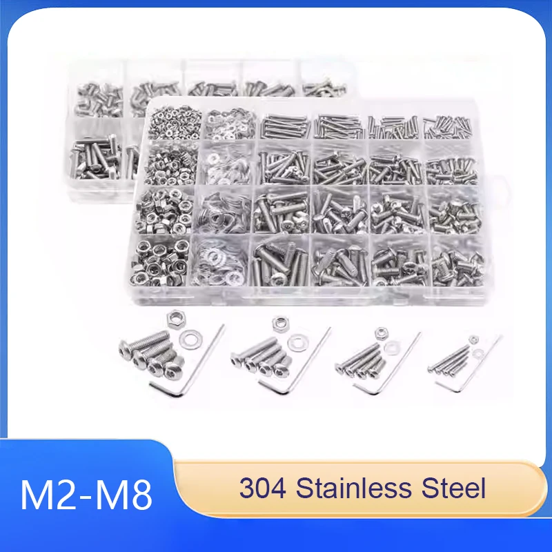 

304 Stainless Steel Hex Socket Screw Nut and Washer Set M2 M2.5 M3 M4 M5 M6 M8 Suitable for Home Use Electronics and DIY