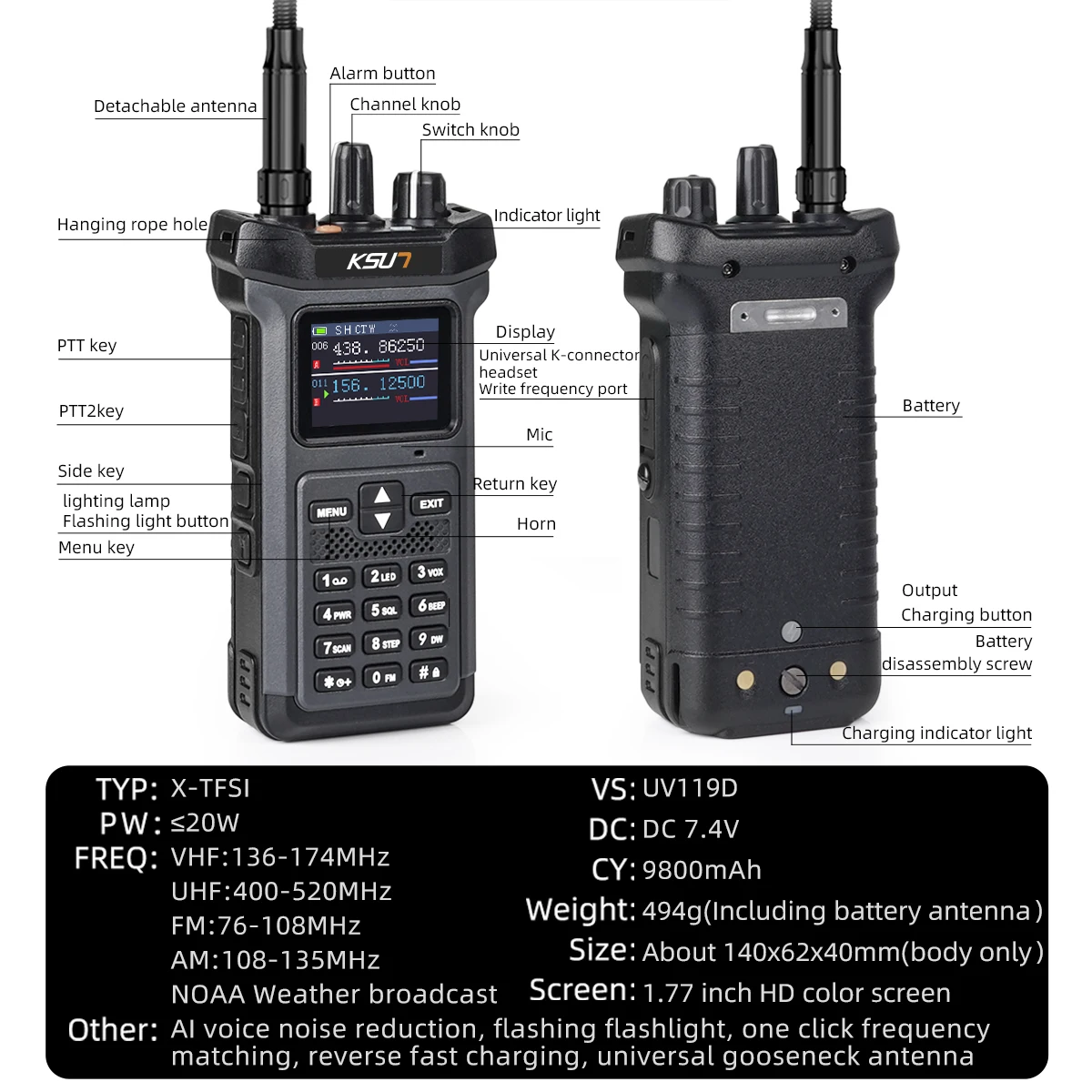 Professional Long Range Walkie Talkie Powerful Portable VHF UHF Radio Communicate Transceiver Wireless Device 20W KSUN UV119D