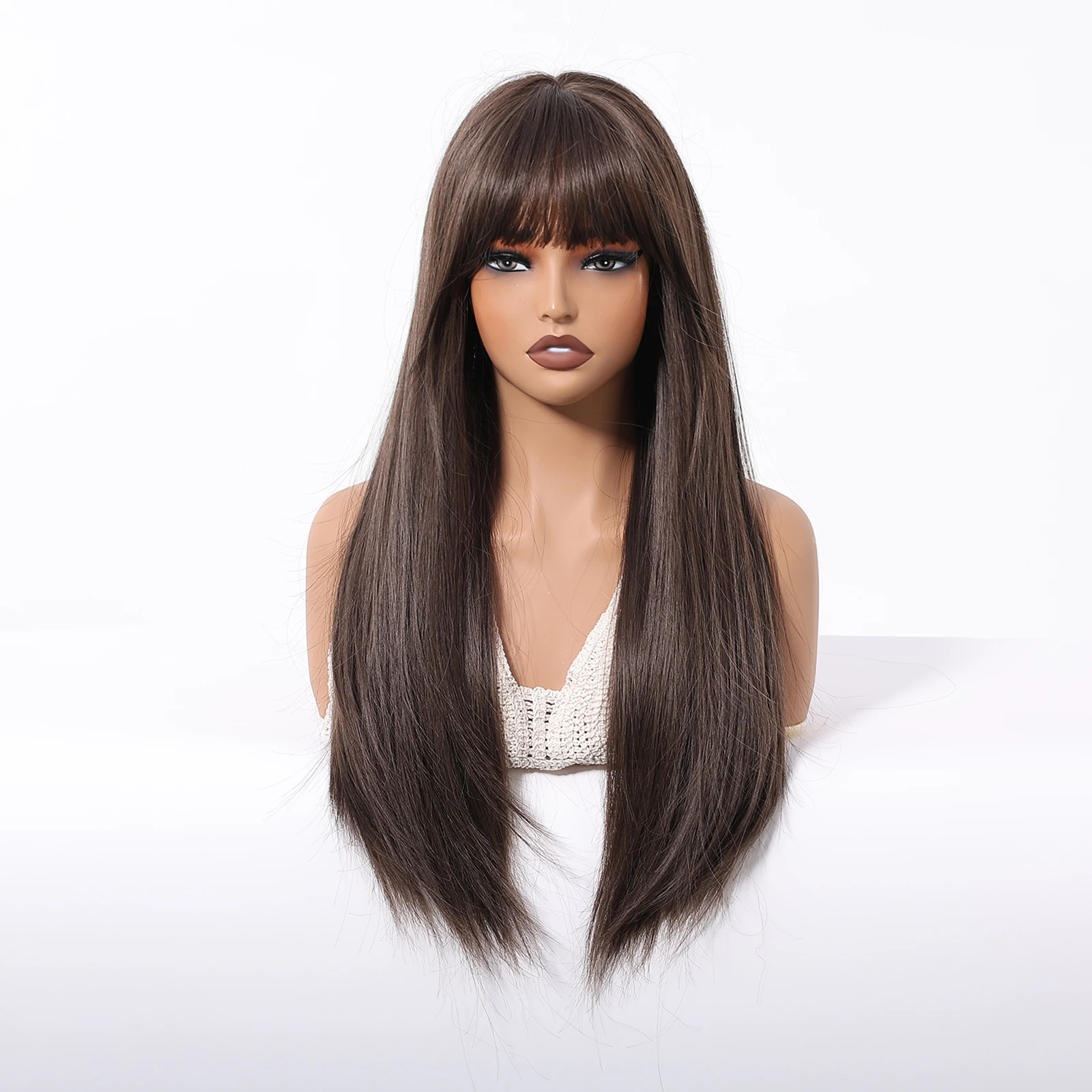 HENRY MARGU Long Straight Brown Synthetic Wig with Bangs Natural Layered Dark Brown Wigs for Women Party Cosplay Use Fake Hair - Image 2