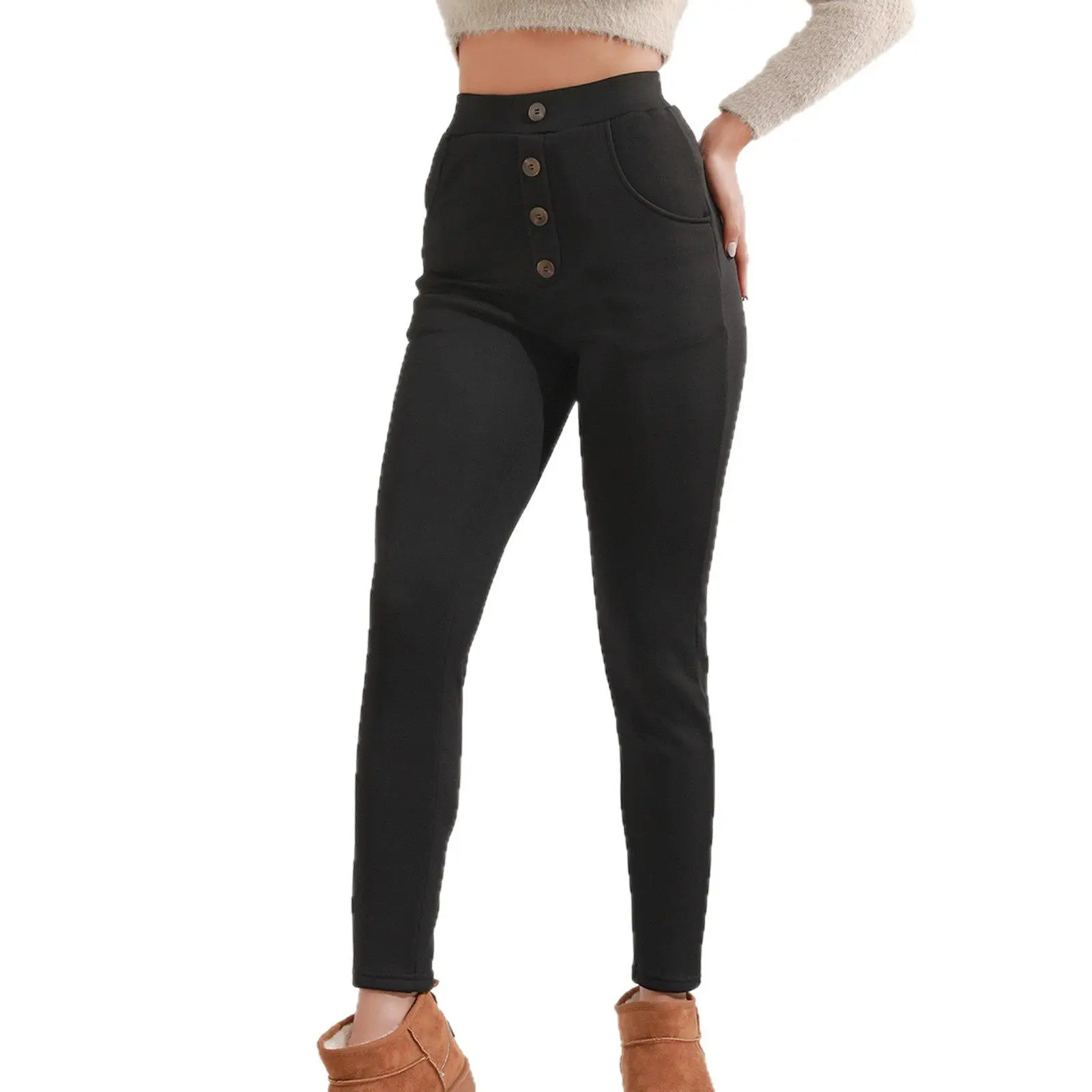 Fce forrado Thi pantalones casuales con botones de cintura alta pantalones largos de tubo pantalones cálidos para mujer temporada de otoño largo otro material