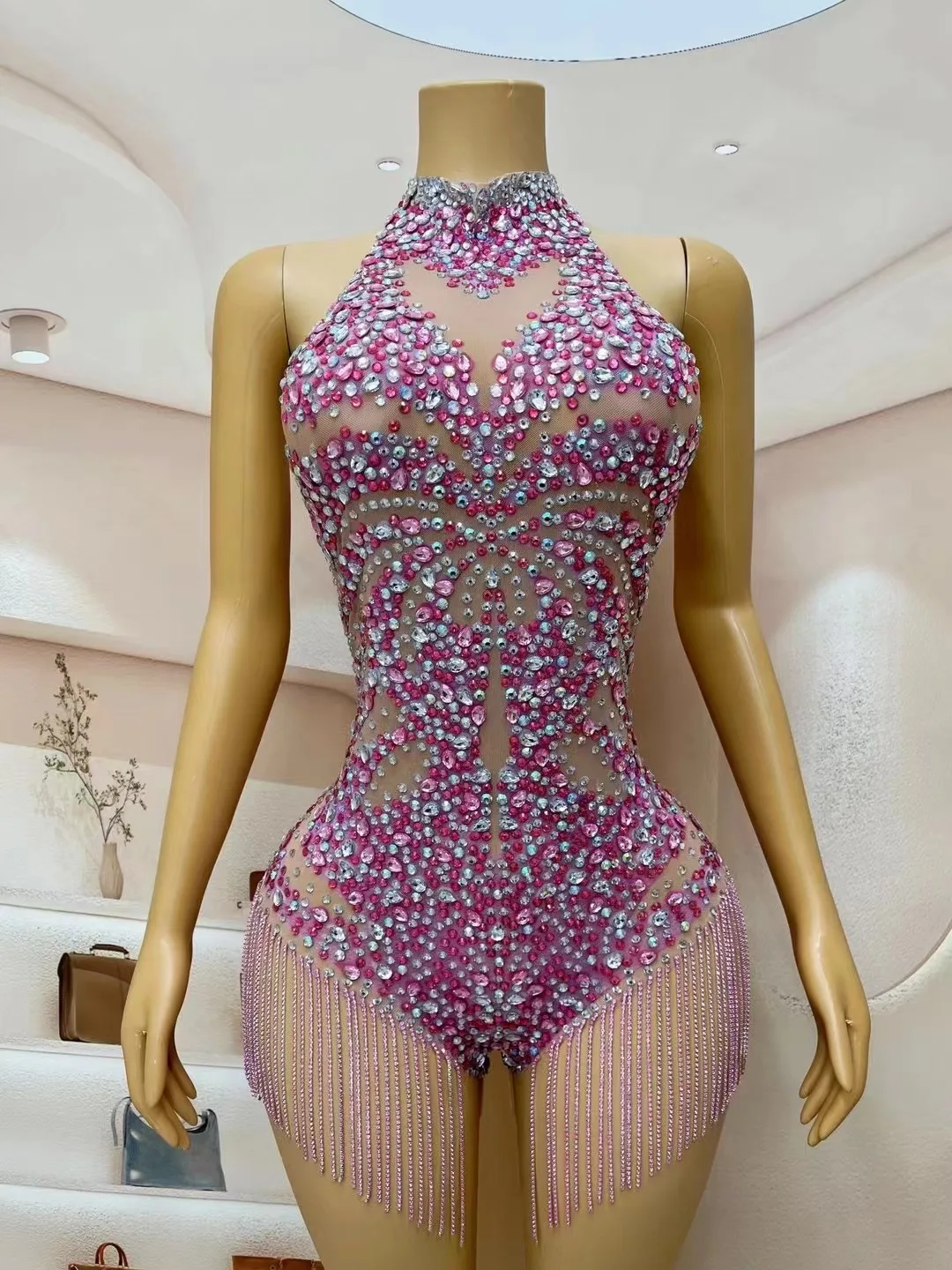 Veja através do bodysuit de malha para mulheres, cristais brilhantes, borlas de strass, show de festa, nightbar wear, traje de palco latino, jazz wear