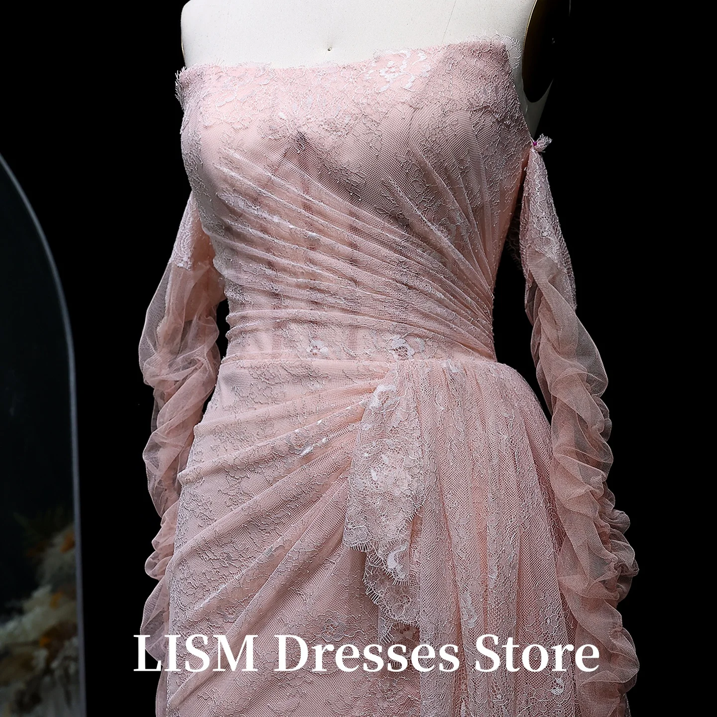 LISM 레이스 핑크 스트랩리스 이브닝 드레스, 장갑 포함, 하이 슬릿 플리츠, 여성용 아랍 프롬 가운, 맞춤 제작