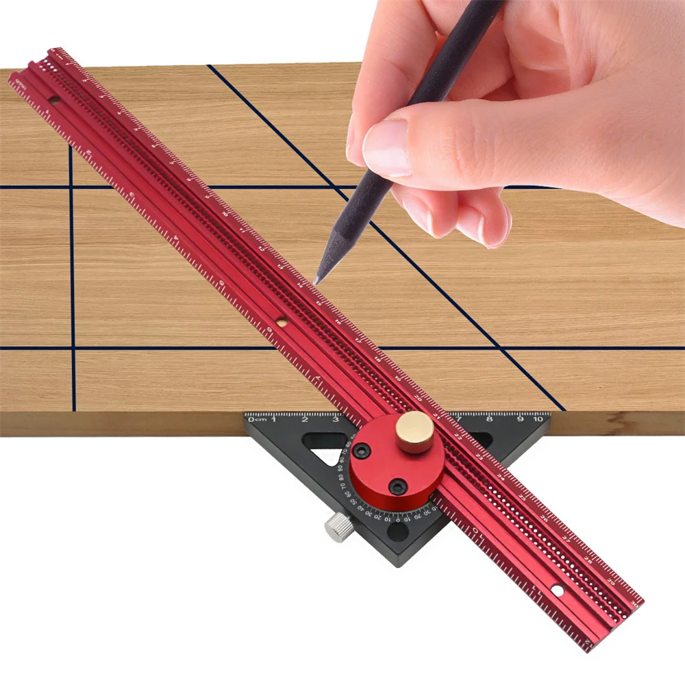 

Woodworking Scribe Ruler Aluminum alloy T-Type Line Drawing Hole Ruler 45°90°Metric Inch Woodworking Square Layout Marking Gauge