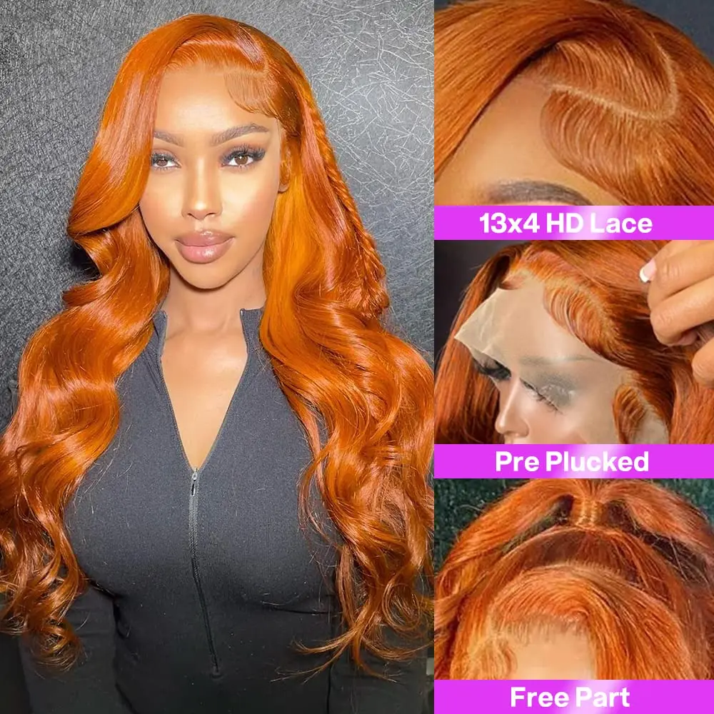 Ginger Orange Lace Front Human Hair 13x4 Hd Lace Front Wigs For Wome For Wome Body Wave Human Hair Wigs 180% Density