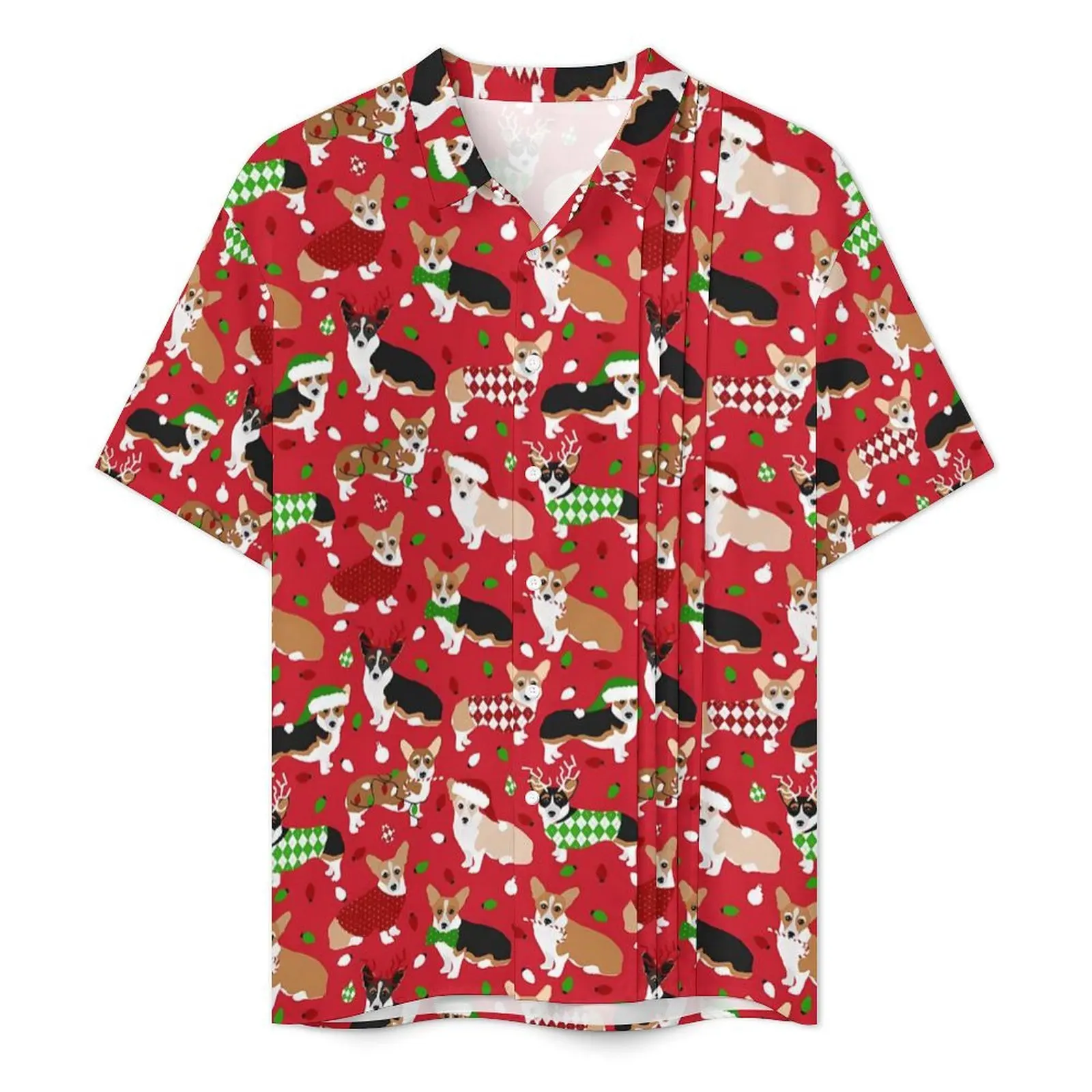 Christmas Corgi Casual Shirt Dogs Print Retro Hawaiian Shirts Men Short-Sleeve Beach Korean Fashion Graphic Oversized Blouses