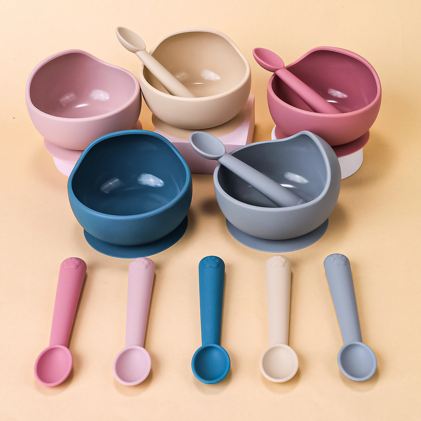 TYRY.HU 2Pcs Silicone Baby Feeding Bowl Set Baby Learning Dishes Suction Bowl Set Silicone Spoon Children Tableware Baby Stuff