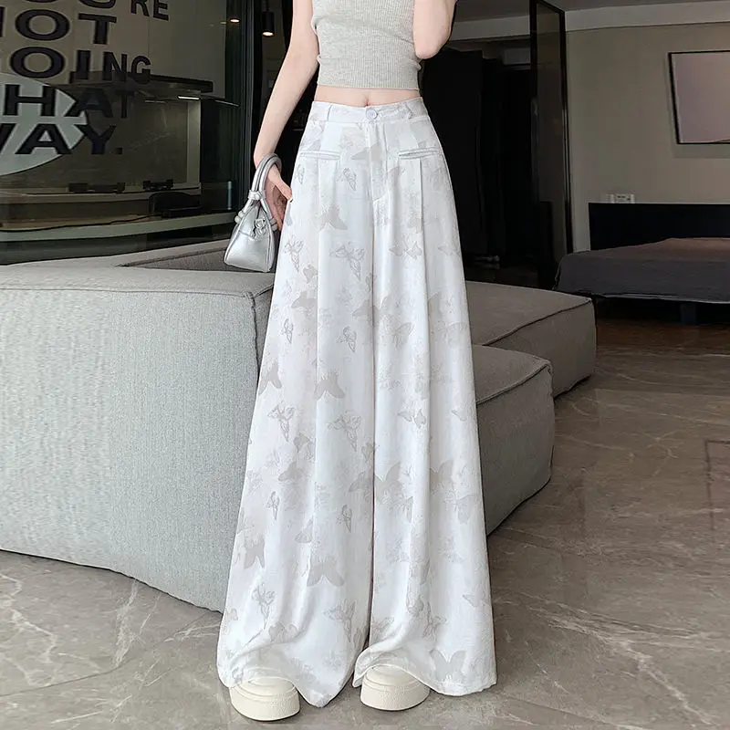 

Spring Summer Retro Jacquard Satin Wide Leg Pants High Waist Straight Trousers