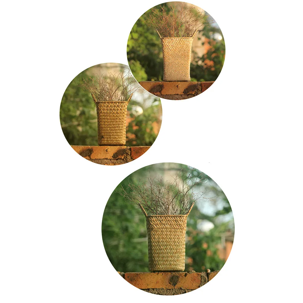 Rattan Braided Basket Khaki Size Straw Storage Box Large Capacity Portable Laundry Room Bedroom Vegetable Fruit