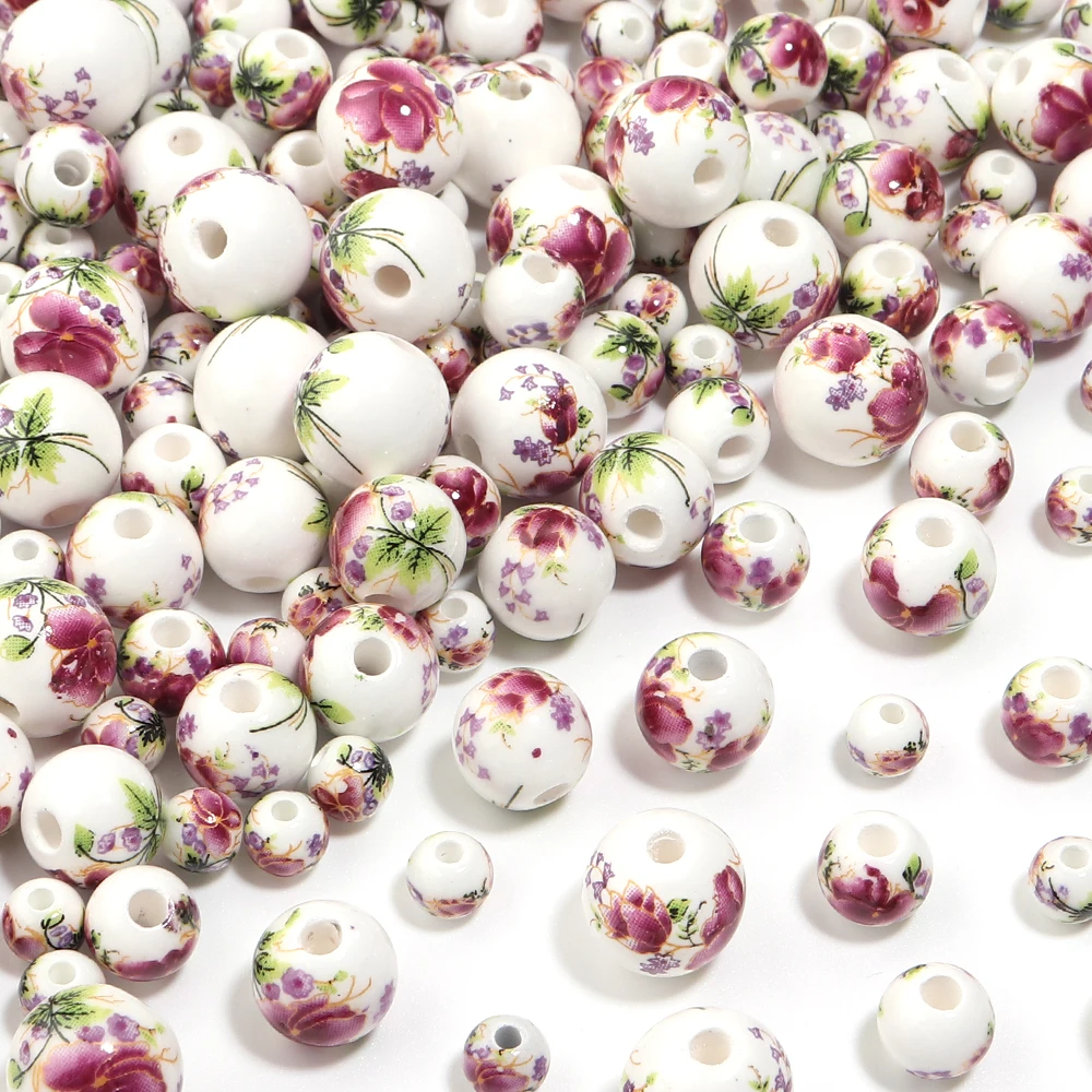 20-30pcs 6/8/10/12mm Jingdezhen Ceramic Beads Gold Red Peony Flower Round Loose Beads For Jewelry Making DIY Necklace Bracelet