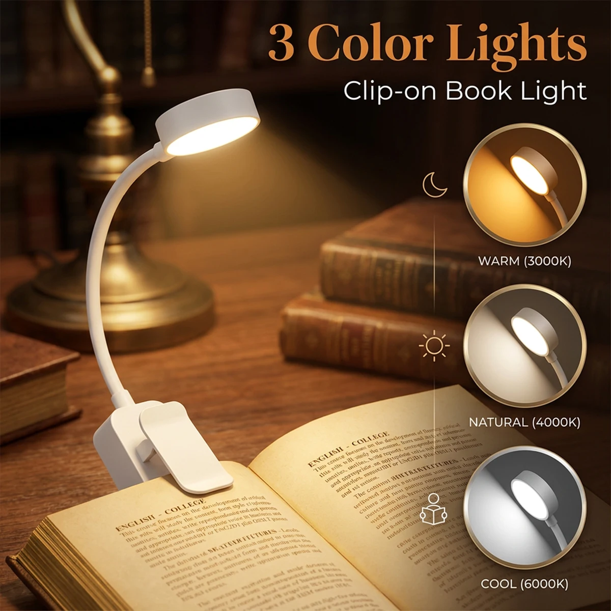 Clip on Book Light 3 Color Temperature 3 Brightness Eye Protection Reading Lamp 360° Dimmable Desk Light for Travel Camping