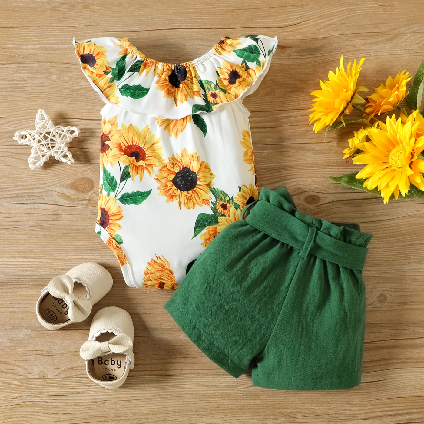 PatPat 2pcs Baby Girl 100% Cotton Solid Belted Shorts and Allover Sunflower Print Ruffled Collar Tank Romper Set