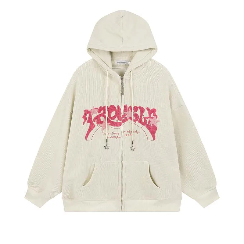 

Corduroy Y2k Long Sleeve Tops 2023 Zip Up Hoodie Women Retro Embroidered Letter Loose Casual Hooded Sweatshirts Jackets