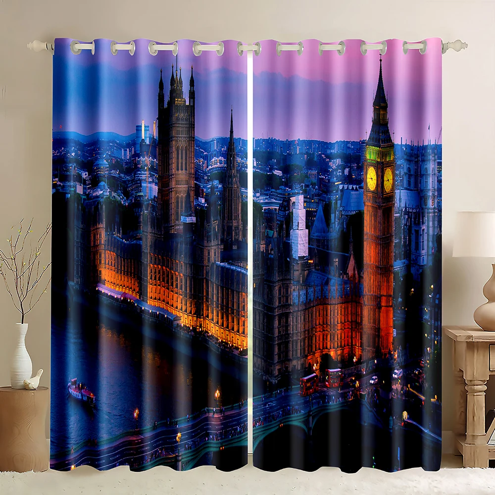 2pcs Prosperous Night City Architecture Scenery Printing Window Curtain for Bedroom, Living Room, Kitchen, Dining Room