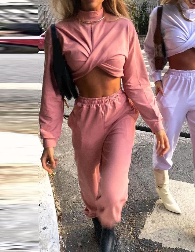 Women's New Fashion 2023 Hot Selling 2 Piece Set of Long Sleeve Twisted Cut Top and Pocket Design Sweatpants Set