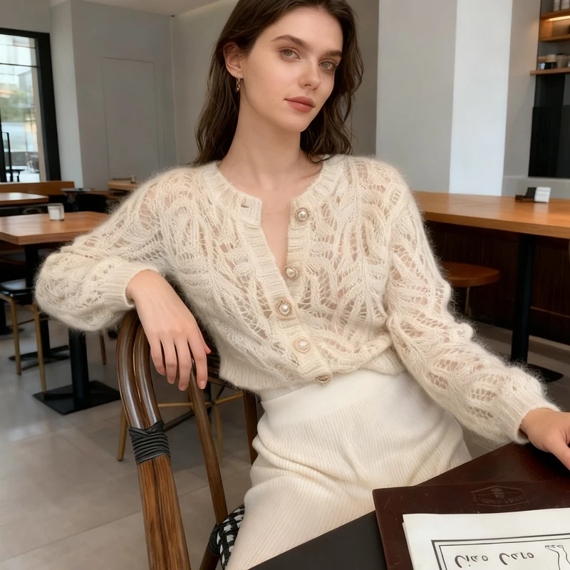 

Осень 2025 г., элегантный короткий вязаный кардиган, повседневный свитер из мохера с круглым вырезом, пальто, повседневное однотонное мягкое трикотажное пальто с длинными рукавами 16179