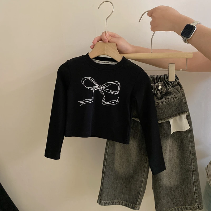 

Top T-Shirt Jeans Pants Girl Trendy Street Wear 2024 Autumn New Western Bow Long Sleeve Sense Design Tide Sweet Cute