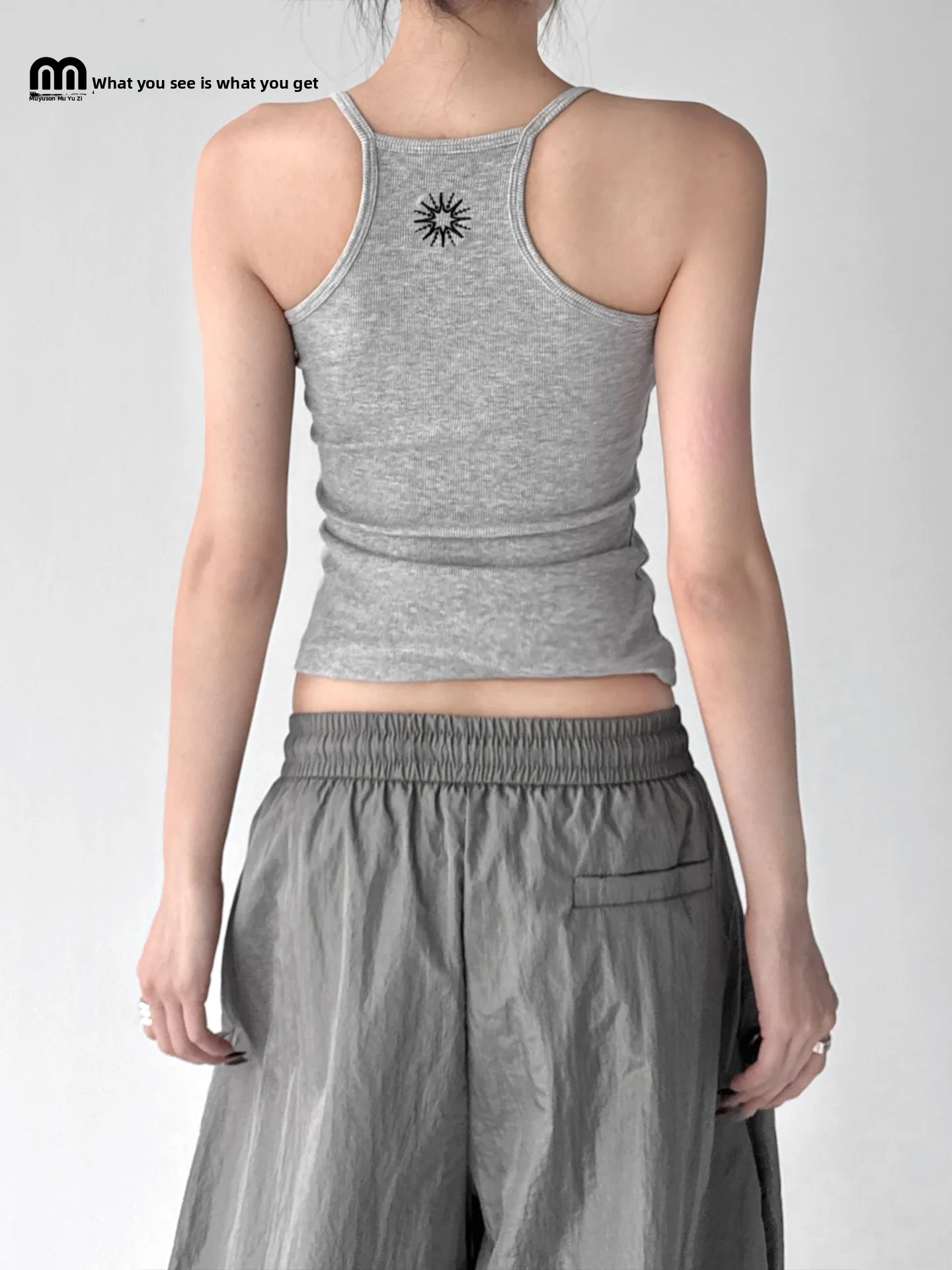 Grey Slim Fit Tank Top Women's Summer New Style Versatile Short Sleeveless round Neck Print Cotton Blend Elastic Bandage