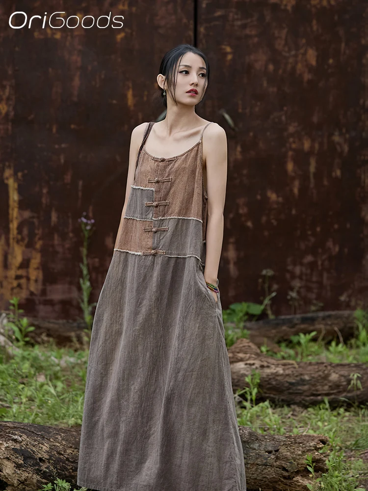 OriGoods Spaghetti Jurk Vrouw 2025, Nieuwe Zomer Lange Jurk Linnen Katoen Patchwork Onderjurk Vrouw Elegante Vestidos B314