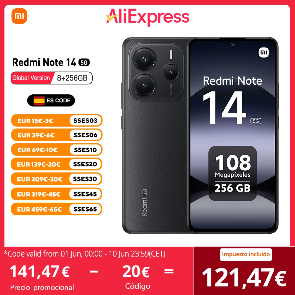 Xiaomi Redmi Note 14 5G Versión Europea 8+256GB Dimensity 7025-Ultra Pantalla AMOLED 6,67" 120Hz, 108MP, 5110mAh, 45W, IP64, NFC