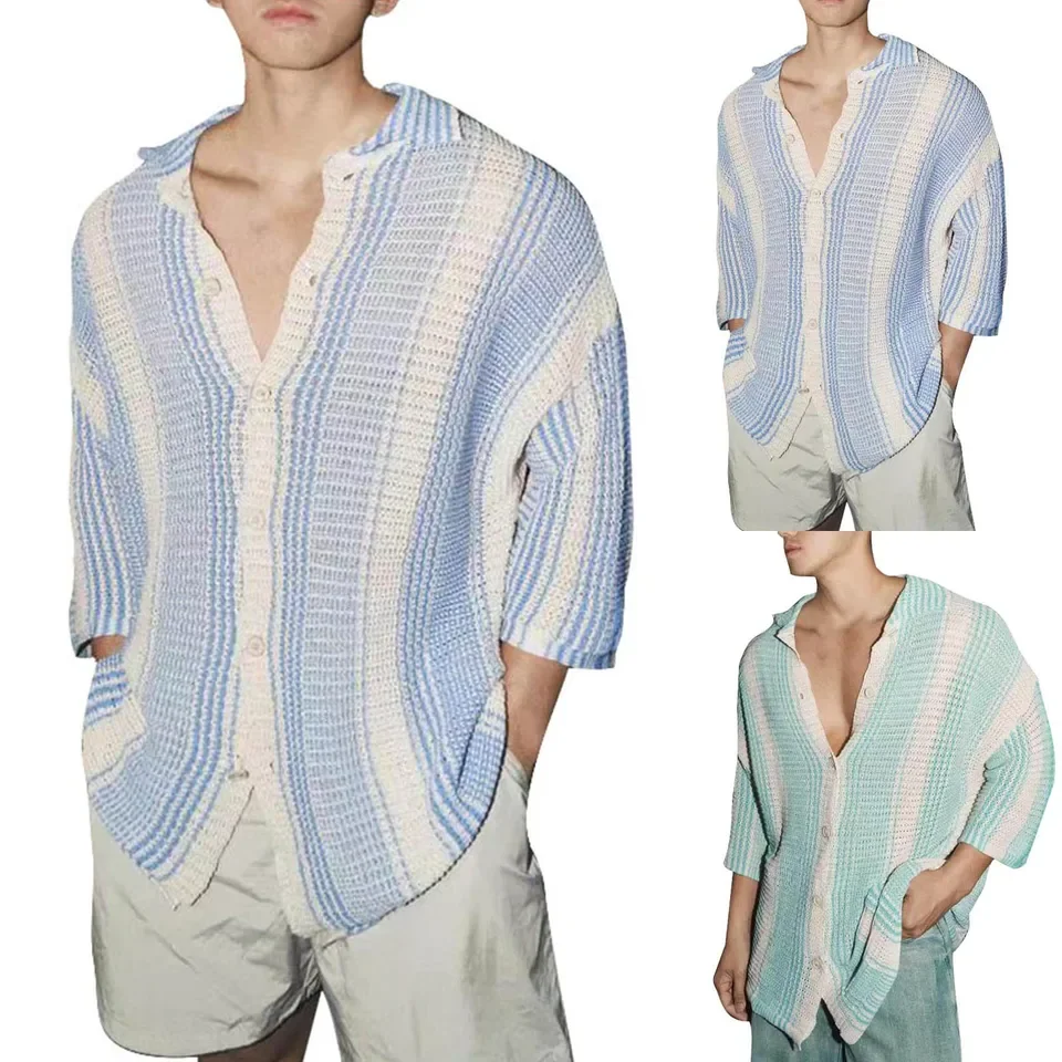 Summer Clothing Men'S Luxury Hollow Out Knitted Short Sleeve Polo Shirt Leisure Striped Button-Down Shirts Breathable Knitwear