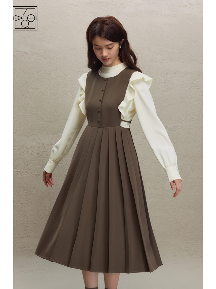 ZIQIAO Office Lady Round Neck Sleeveless Women Dress Temperament Brown Twill Pleated Design Dress Female Winter Long Dress