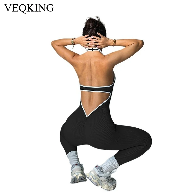 

Mileegirl Seamless Ribbed Women Yoga Jumpsuits Built-in Pads Sports Legging Tracksuits Hollw Back Halter Gym Wokrout Tights