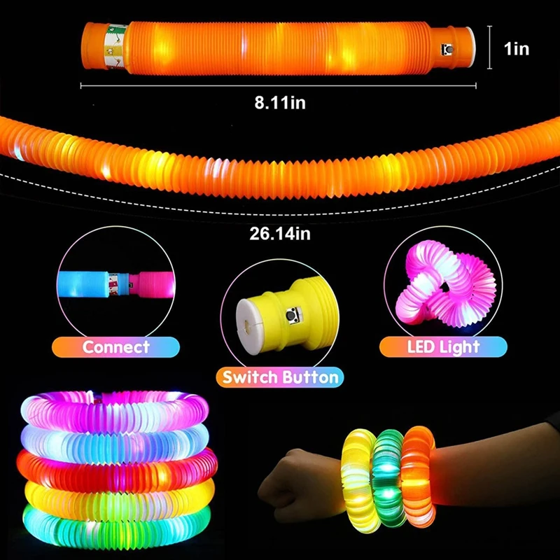 12PCS LED Flash Tube Sensory Toy Adult Stress Relief Toy Kids Plastic Corrugated Tube Squeeze Toy For Kids