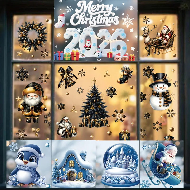 4/9 Blatt Weihnachtsaufkleber, abnehmbarer Fensteraufkleber, Schwarzgold, Cartoon, doppelseitig, ohne Kleber, Weihnachtsmann, Schneeflocke, Weihnachten