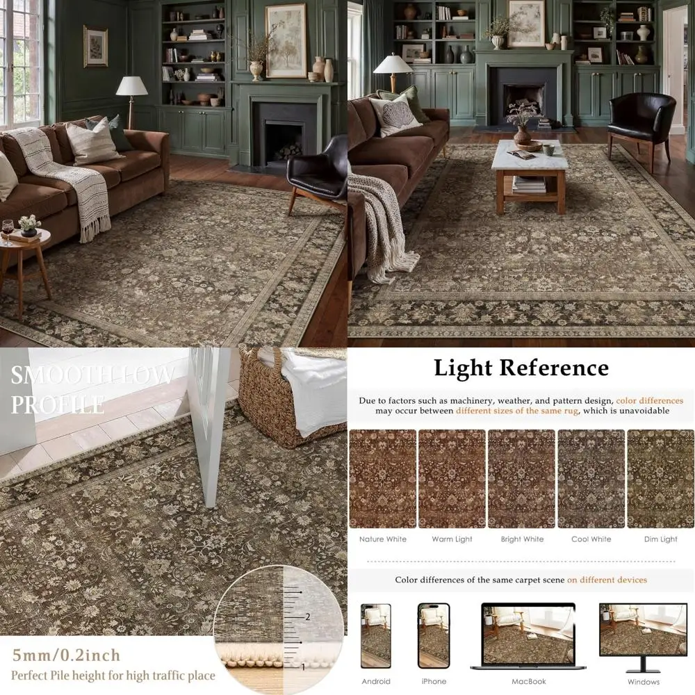 

Brown Floral 8x10 Machine Washable Rug, Large Hallway Area Rug, Indoor Accent Carpet with Soft Low Pile and Aesthetic Throw