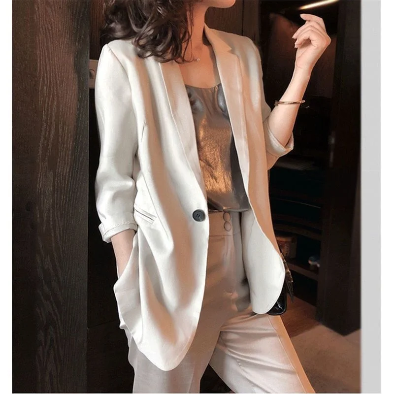 2022 Spring and Summer Small Suit Coat Women\'s Thin Satin Pearl Drop Versatile Casual Top and leisure Slim blazer feminino longo