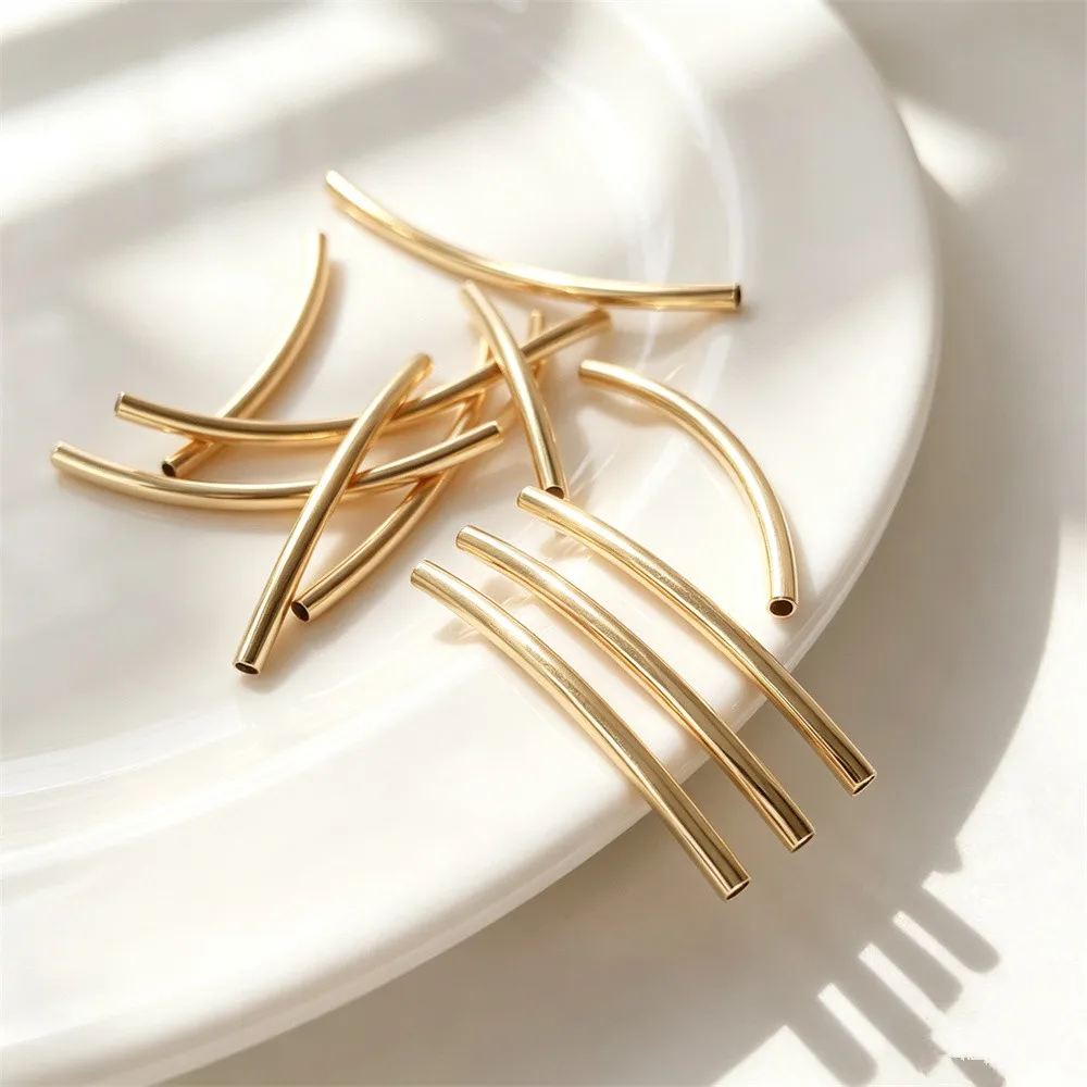 Brass 14K Gold Plated Smooth Curved Long Round Tube End Caps DIY Bracelet Jewelry Findings