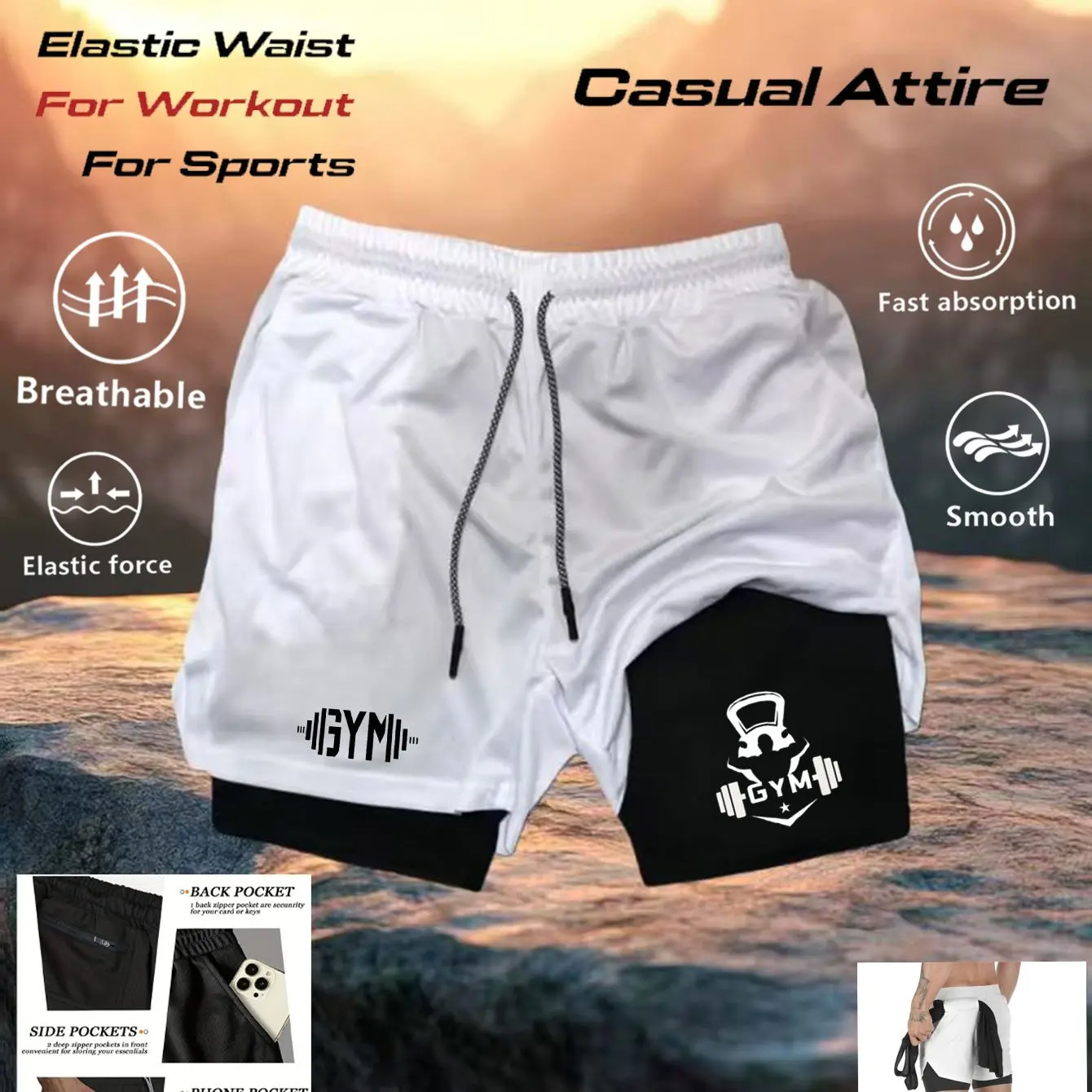 

Летние шорты для мужчин 2 в 1, спортивные шорты для тренировок в тренажерном зале, бега, с принтом и карманом для телефона, быстросохнущие, дышащие.