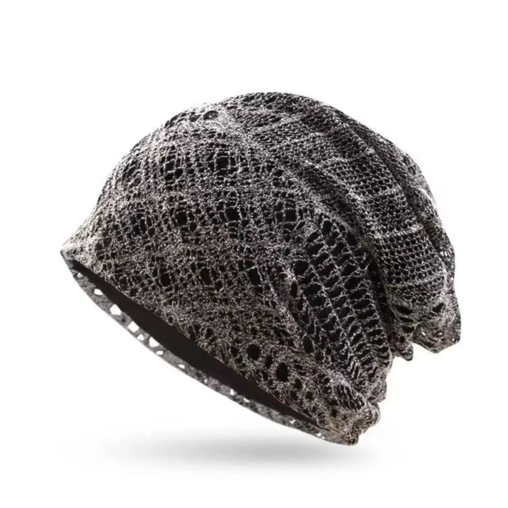 Hollow Out Mesh Beanie for Women Knitted Crochet Lightweight Beaded Crochet Cap Breathable Mesh Soft Sun Cap Hat Outdoor Travel