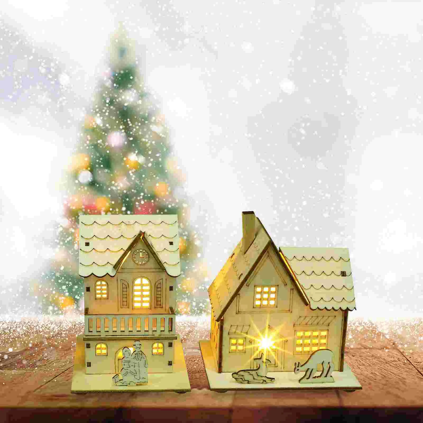 3 Pcs Wooden Christmas Cabin Decor Tree Church nament Double Layer House Perfect for Home Bar Restaurant