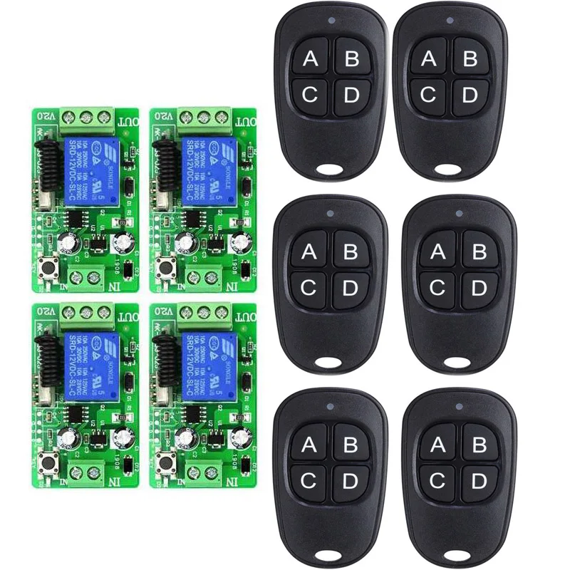 DC 12V 10 A 1 Channel RF Wireless Remote Control 55*32*16 mm 4 piece Receiver& 6 piece Transmitter