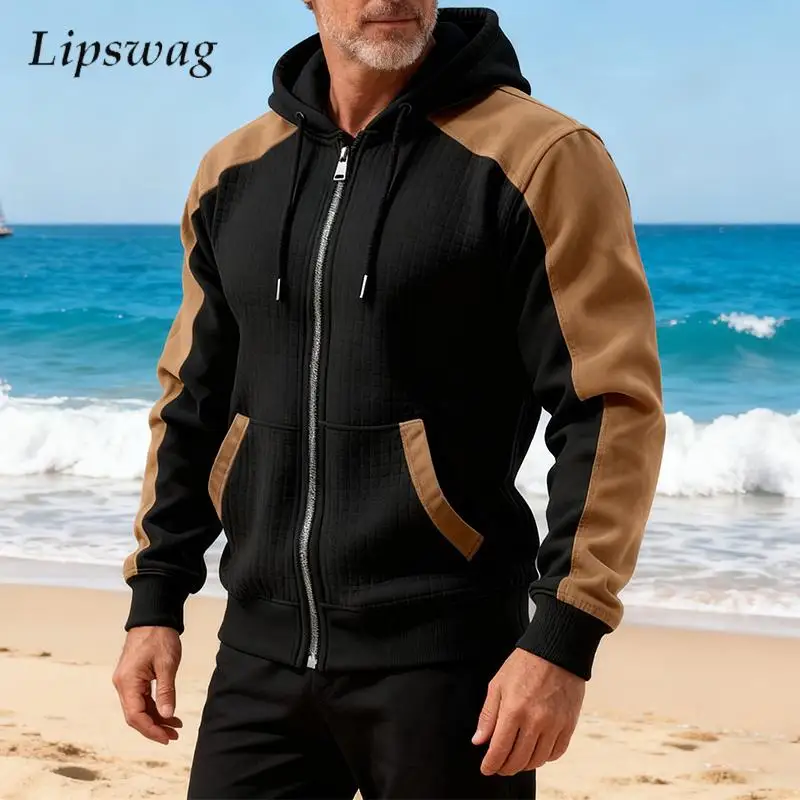 

Спортивные облегающие мужские куртки с флисовой подкладкой, винтажная лоскутная куртка на молнии с капюшоном и шнурком, пальто, мужские осенне-зимние теплые пальто