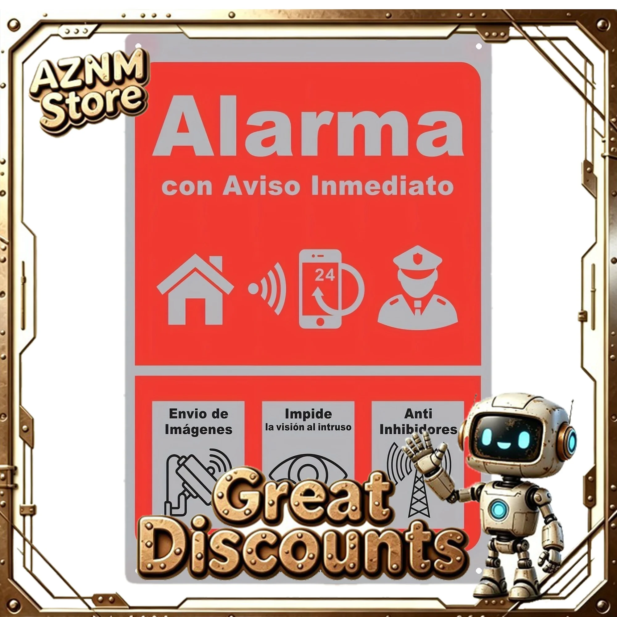 Instant Alert Alarm Sign -  Iron Wall Decor,  , Red with White Icons, Anti-Intrusion Vision, Anti-Inhibitors, 24/7 Protection