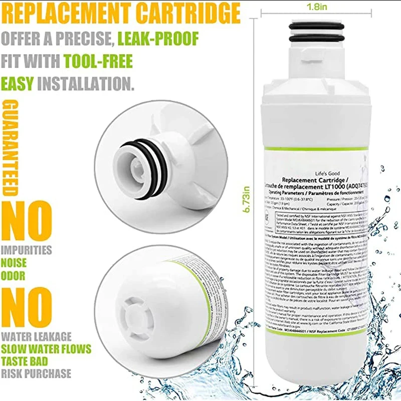 Filtro de agua de repuesto para refrigerador LG LT1000P, blanco, NSF42, NSF53 y NSF401, ADQ74793501, ADQ75795105 o AGF80300704