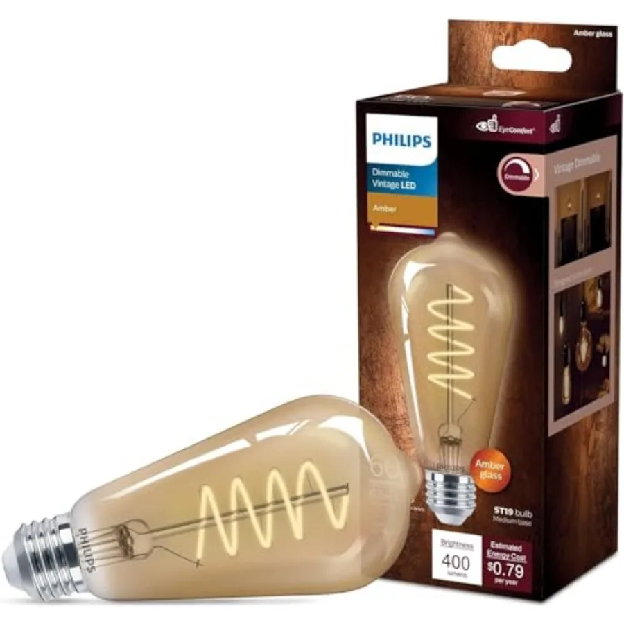 60W ST19 1-Pack Vintage Edison Spiral Amber 2000K 400 Lumen (6.5W = 60W) Dimmable Flicker-Free Light Bulb