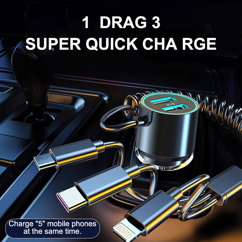 100W Dual USB Car Charger Adapter Fast Charge Metal Car Charger With Triple Wire Dual USB With Cable