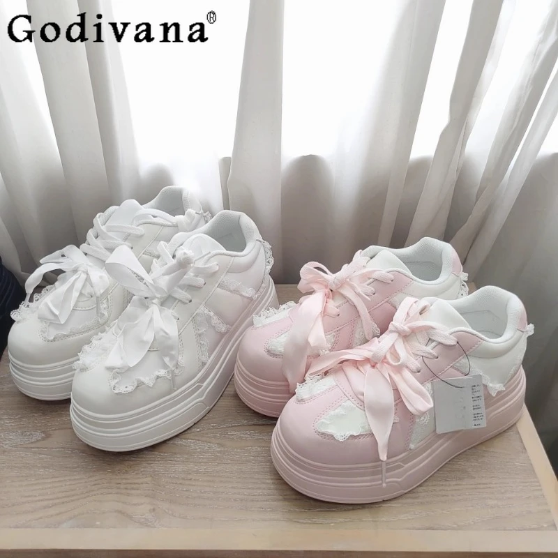 

Japanese Sweet Lo Platform Shoes Spring and Autumn Girls Women's Lace Lace-up Casual White Sneakers Student Y2k Sports Shoes